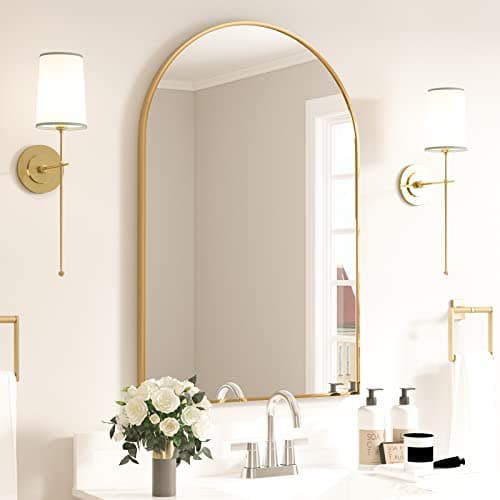 Image of CASSILANDO Arched Mirror, 50×75cm Arched Bathroom Vanity Mirrors, Aluminum Alloy Frame, Wall Mounted for Living Room, Fireplace, Bedroom, Entryway, Gold