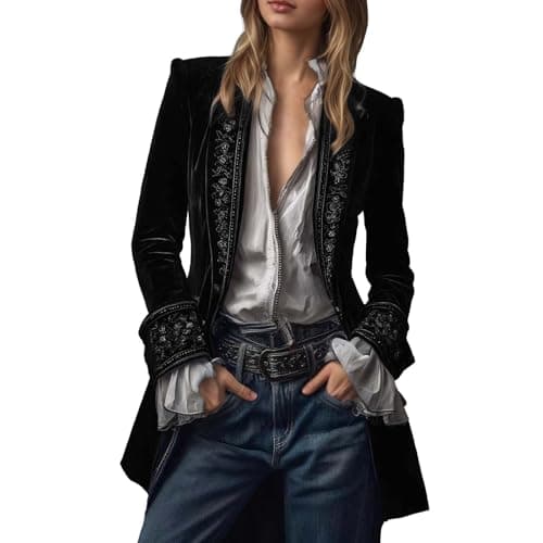 Image of Generic Velvet Jacket Women Vintage Long Embroidered Blazer Women Open Front Coat Gothic Steampunk Outerwear Solid Elegant Baggy Velvet Jacket Formal Carnival Festival Jacket, black, XXL
