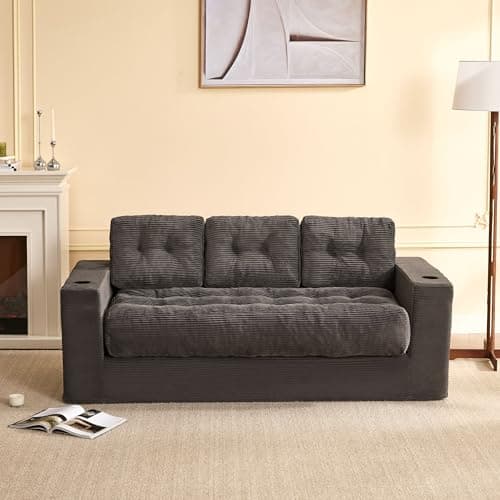 Image of Litbird 3 Seater Couch for Living Room, Space-Saving Boneless Sofa in a Box with Cushions & Cup Holders, Corduroy Floor Sofa with Backrest, No Assembly Required, for Small Spaces & Teens,Grey
