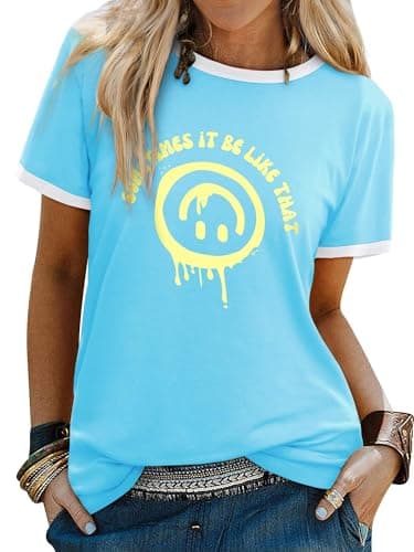 Image of WIEIYM T Shirt Women Crew Neck T-Shirts Summer Tee Smile Graphic Slogan Tshirt Something It Be Like that Unisex Basic Tops
