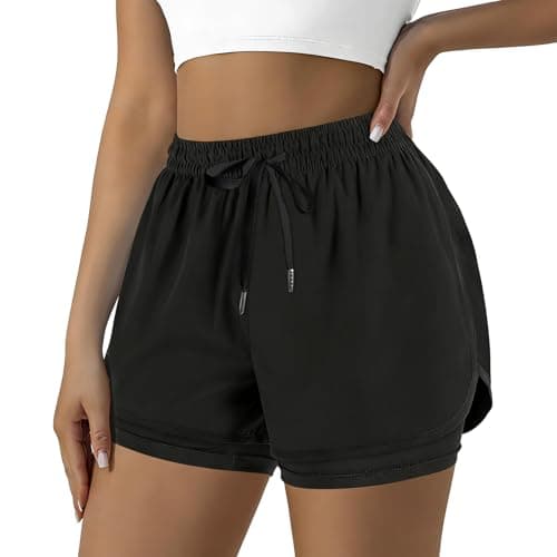 Image of ADUDVLO Women's 2 in 1 Running Shorts with Secure, No-Chafe Longer Liner | Quick-Dry High-Waisted Workout & Sport Shorts with Adjustable Waist for Gym, Yoga (UK, Alpha, L, Regular, Regular) Black