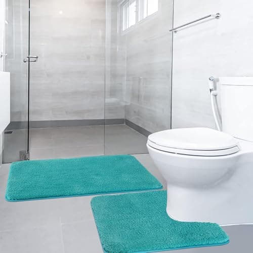 Image of SOANNY Non-Slip Bath Mat Set of 2, Luxury Thick Microfiber Shaggy Bathroom Rugs, 50 X 80 CM Soft Plush Shower Mat & 50 X 50 Toilet Pedestal Carpet, Machine Washable, Absorbent, Turquoise