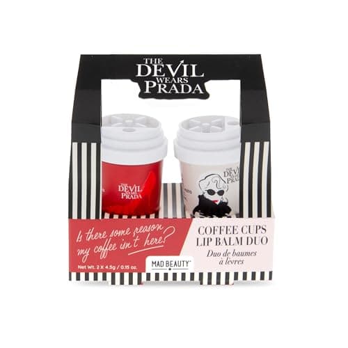 Image of The Devil Wears Prada Lip Balm Coffee Cup | Pack of Two | Aloe Vera & Rose | Moisturising Lip Balm Set | Mad Beauty | Officially Licensed