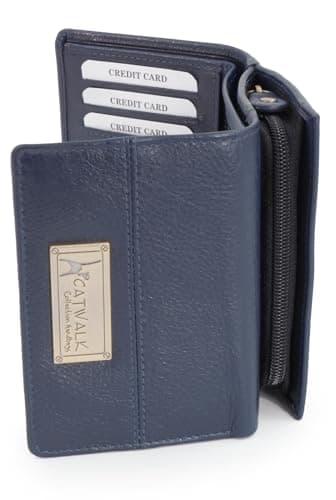 Image of Catwalk Collection Handbags - Ladies Medium Leather Purse - Women's Trifold Wallet with 8 Card Slots & Zip Coin Pocket - RFID - Victoria - Blue