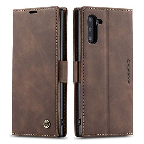 Image of QLTYPRI Case for Samsung Galaxy Note 10, Vintage PU Leather Wallet Case [Card Slot] [Kickstand] [Magnetic Closure] Shockproof Flip Cover Compatible with Samsung Galaxy Note 10 - Coffee Brown