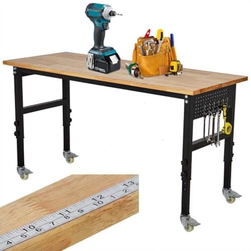 Image of Adjustable Workbench with Scale - 1000kg Capacity Heavy Duty Rolling Garage Work Bench with Lockable Casters, Solid Oak Top, 122x61x75-100cm, 8-Level Height Adjustment for Garage Workshop DIY Projects