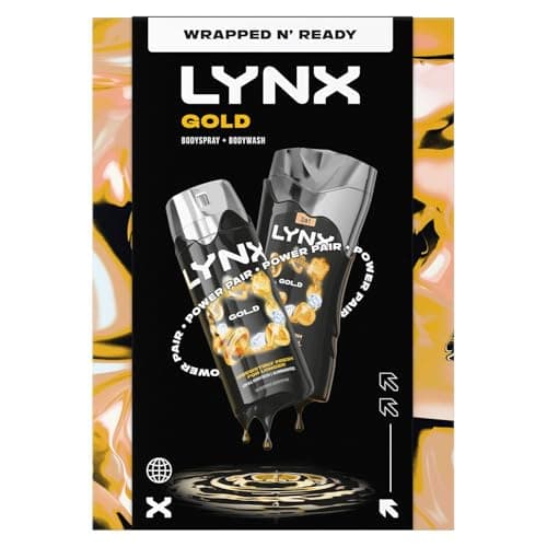 Image of Lynx Gold Duo Gift Set for Him, Oud Wood and Vanilla Scent, Full-Size Body Wash and Deodorant Spray, 48H Freshness with Zinc Technology, Aluminium Free Grooming Gift for Men in Gift-Ready Packaging