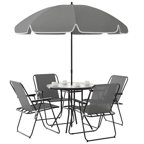 Image of Outsunny 4 Seater Garden Furniture Set, 6 Pieces Garden Table and Chairs with Parasol, Outdoor Garden Dining Set with Folding Chairs and Round Glass Top Table for Patio, Grey