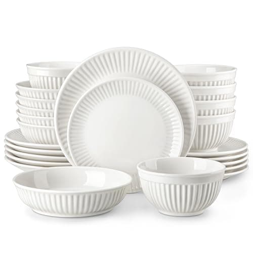 Image of MALACASA Dinner Sets, 24 Pieces Porcelain Plates and Bowls Set with 6 Pieces Dinner Plates/Soup Plates/Side Plates/Cereal Bowls, Embossed Dinnerware Set Service for 6, Elegant White, Series Leila