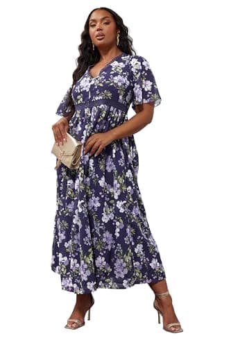 Image of Yours London Curve Blue Floral Crochet Lace V-Neck Maxi Dress - Women's - Plus Size Curve