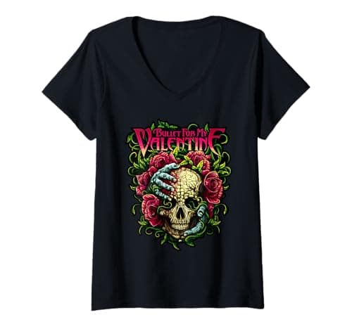 Image of Womens Funny Bullet My Valentine Skull Roses and Red Blood Horror V-Neck T-Shirt