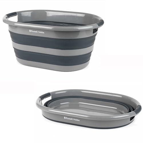 Image of Russell Hobbs LA053879GRYEU Collapsible Laundry Basket – Large 27L Clothes Hamper Bin With Silicone Easy Grip Handles, Foldable Space Saving Washing Tub, Portable, Indoor/Outdoor, Camping, Dark Grey