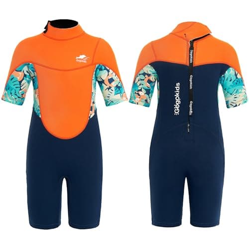 Image of Gogokids Kids Shorty Wetsuit, 2.5mm SCR Neoprene Wetsuits for Toddlers, Back Zipper Children's Short Wet Suits Comfort & Warmth, UV Wetsuit for Swimming, Snorkelling & Surfing, Ages 7-8 Boys, Orange