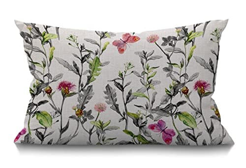 Image of BGBDEIA Cushion Cover Herbs Meadow Garden Flowers Grass Watercolor Floral Beautiful Butterfly Rectangular Throw Pillow Cover for Couch Sofa Home Decor Cotton Linen 30 x 50 cm 12x20 Inch