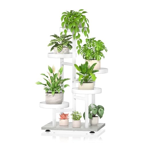 Image of iDavosic.ly 5 Tier Plant Stand Indoor, Tiered Corner Tall Outdoor Plant Shelf for Multiple Plants, Metal Wood Flower Stand Display Rack Holder for Patio Garden Porch Window Living Room, White
