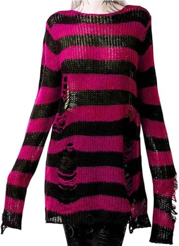 Image of LLECDASEUI Womens Gothic Striped Hole Ripped Long Sweater, Y2K Grunge Hollow Out Knit Jumper, Oversized Distressed Pullover Tops (One Size,Black&Rose Red)