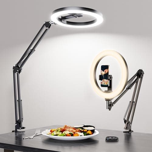 Image of Overhead Phone Mount with Ring Light Desk, LUXSURE 10" Ring Light with Tripod Stand & Phone Holder - Adjustable Shooting Arm 3 Light Colors 10 Brightnesses for Cooking/Tiktok/YouTube