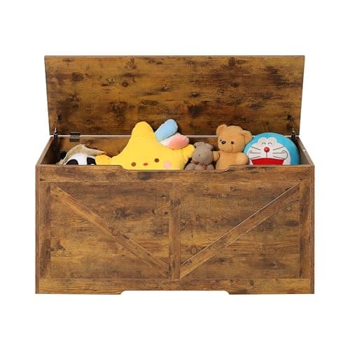 Image of Duffy Wooden Toy Box Kids Bench and Storage Chest with Flip Top Lid, 2 Safety Hinges & Handles, Farmhouse Style Organizer for Toys, Clothes, Books (Rustic Brown)