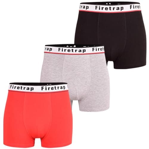 Image of Firetrap Mens 3 Pack Designer Boxer Shorts, Underwear Gift Set Trunks Comfortable Stretch Cotton Plain Colours Mens Briefs Red, Black, Grey S