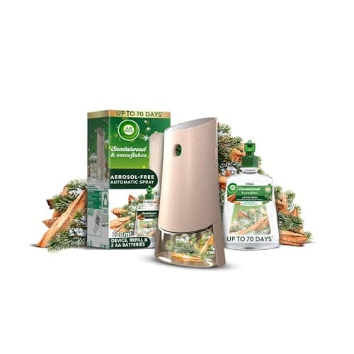 Image of Air Wick Aerosol-Free Automatic Air Freshener Spray Kit, Frosted Sandalwood & Snowflakes, 1 Gadget, 1 Refill and 2 AA Batteries, 24 x 7 Active Fresh Odour Neutraliser, Lasts Up to 70 Day