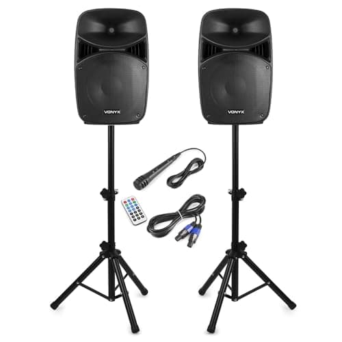 Image of Vonyx VPS122A 12" Active PA DJ Speakers Bluetooth System with Stands, Microphone & Built-in USB MP3 Player for Medium Parties, Beginner DJs, Kids Events - 400W RMS Power, 800W Max Output