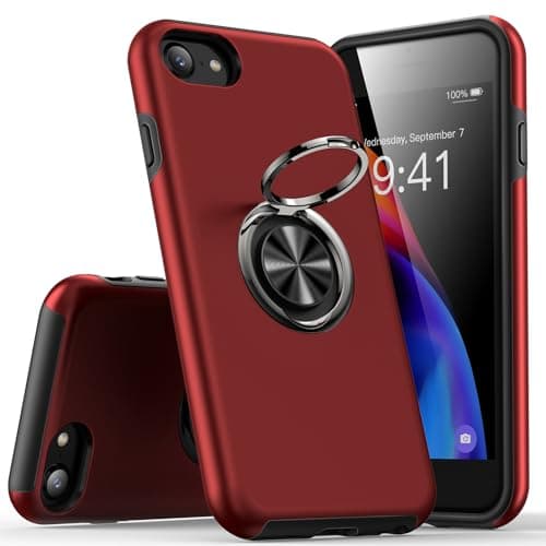 Image of KRAFTCARE Case Compatible for iPhone SE 2022 & 2020, iPhone 8 & 7 Case with Kickstand Ring, Shockproof Anti Scratch 360° Magnetic Ring Stand Phone Case Cover Compatible for iPhone SE/8/7 - Red