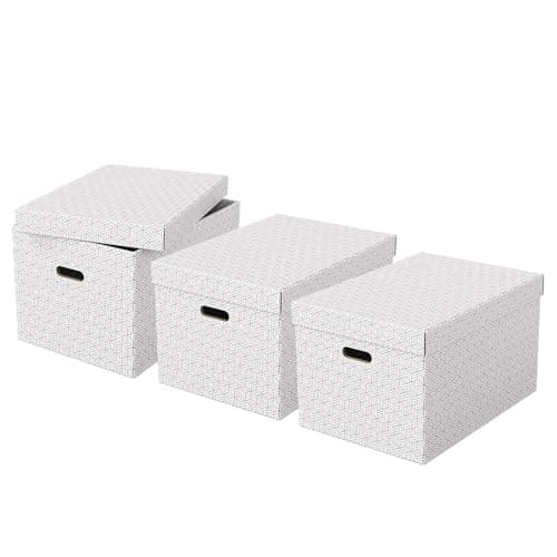 Image of Esselte Large Storage Box With Lid, Pack Of 3, Home/Office Storage & Organisation, 100% Recycled Cardboard, 100% Recyclable, Geometric Design, White, 628286