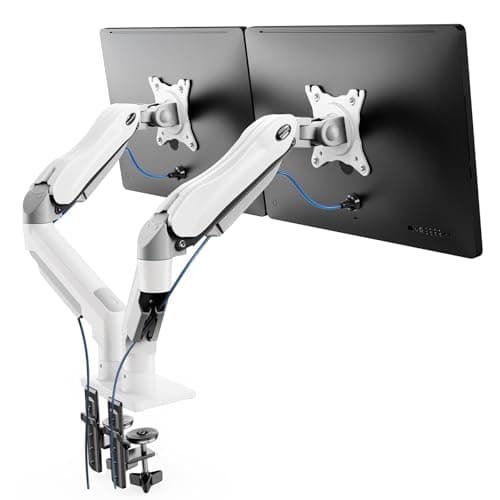 Image of HUANUO White Dual Monitor Arm Desk Mount for 13 to 32 Inch Screens, Dual Monito Stand for Curved Flat Screens, Double Gaming Monito Arm VESA Mount 75 & 100 mm