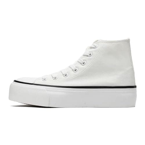 Image of Women's Fashion Platform Trainers Ladies High Top Canvas Shoes Classic Platform Lace Up Sneakers Pumps Plimsolls Outdoor Sport Tennis Running Walking Shoes Breathable White