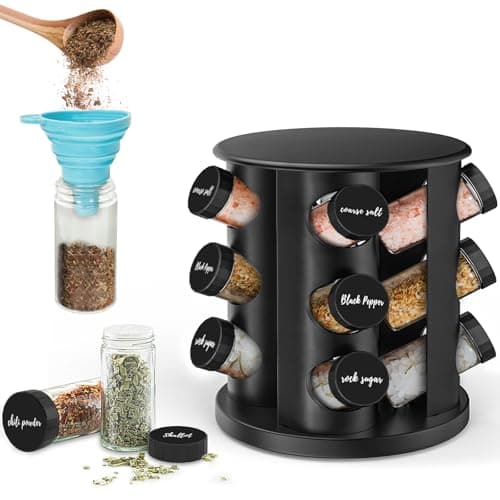 Image of IPEB Rotating Spice Rack Organizer with 12 Spice Jars Revolving Stainless Steel Seasoning Rack with Stickers and Folding Funnel for Countertop or Cabinet, Black