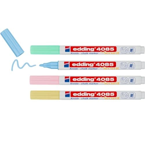 Image of edding 4085 chalk marker - yellow, green, rose, blue (pastel) - 4 chalk pens - round tip 1-2 mm, wet wipe pen for chalkboards, windows, glass, mirrors - liquid chalk marker pens for opaque coverage