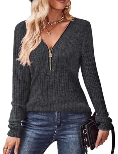 Image of Gemulate Oversized Womens Jumper Lightweight Zipper Jumpers V Neck Sweater Ladies Long Sleeve Tops Casual Striped Sweatshirts Tshirt Dark Grey XL