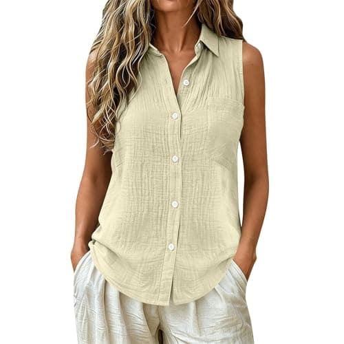 Image of Beige Linen Vest Tops for Women UK Plus Size V-Neck Sleeveless Button Down Collared Muslim Tank Tops Loose Summer Fashion 2026 Casual Office Work Blouses Holiday Wear with Chest Pocket