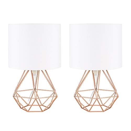 Image of MiniSun | Modern Copper Metal Basket Table Lamps with White Fabric Shades | Table Lamps, Home Décor & Improvement Essential | Set of 2 | Includes 4W Bulb [3000K Warm White]