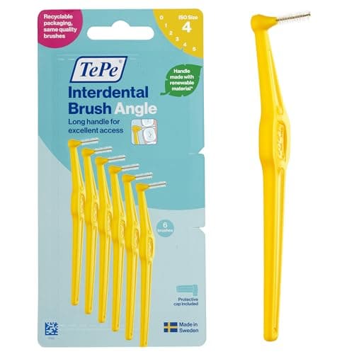 Image of TePe Interdental Brush Angle, Yellow, 0.7mm/ISO 4, 6pcs, Plaque Remover, Easy and efficient Cleaning Between Teeth, Tooth Floss for Small Gaps, Carton Pack