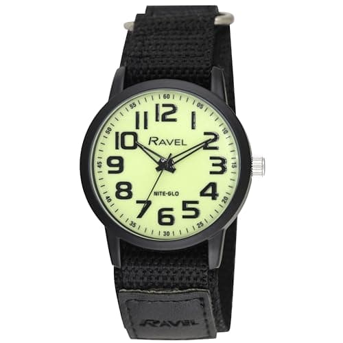 Image of Ravel - Men's Modern Workwear Watch with Easy-Fasten Strap - Black/Glow in The Dark Dial/Black Strap