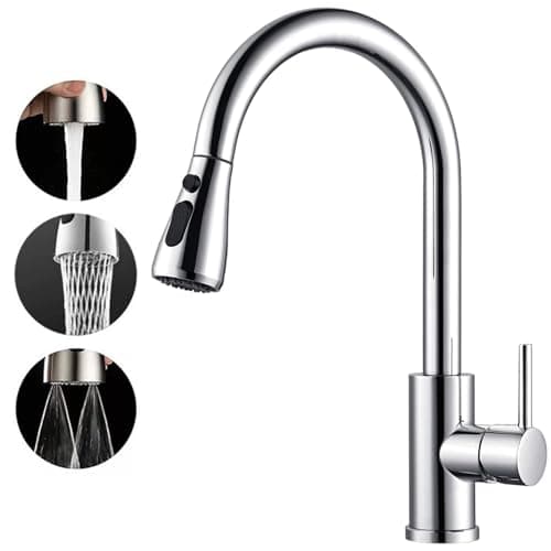 Image of Kitchen Tap, Kitchen Sink Taps Mixer with Pull Out Spray, Swivel Single Handle High Arc Pull Down Stainless Steel Sink Faucet, 360° 3 Spray Mode Mixer Tap, Easy Installation