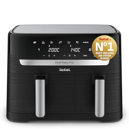 Image of Tefal Easy Fry Dual Zone Digital Air Fryer, 2 Drawers, 8.3L, 8in1, Air Fry, Extra Crisp, Roast, Bake, Reheat, Dehydrate, 6 Portions, Non-Stick, Dishwasher Safe Baskets, Black & Metal EY901840