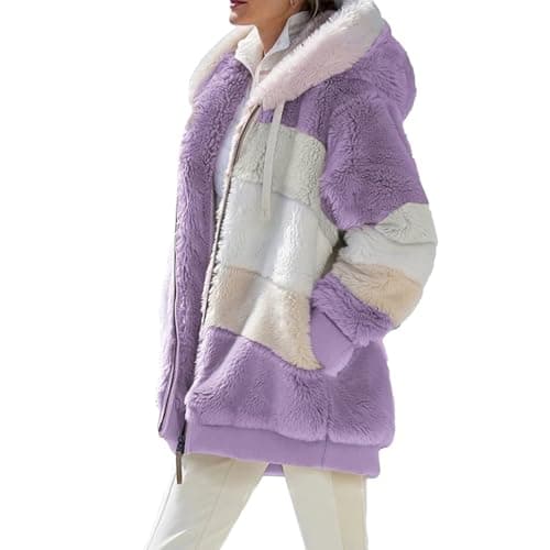 Image of Felcia Women's Fleece Jacket Winter Warm Oversized Hoodie Cardigan Soft Long Sleeve Zipper Fluffy Teddy Jacket with Pockets Outerwear (A-Purple, XL)