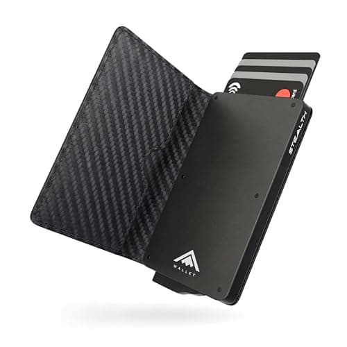 Image of Stealth Wallet RFID Card Holder Wallet - Smart Minimalist Pop Up Wallets with Gift Box - Slim Lightweight Metal Credit Card Holders for Men (Black Aluminum, Black Carbon Leather)