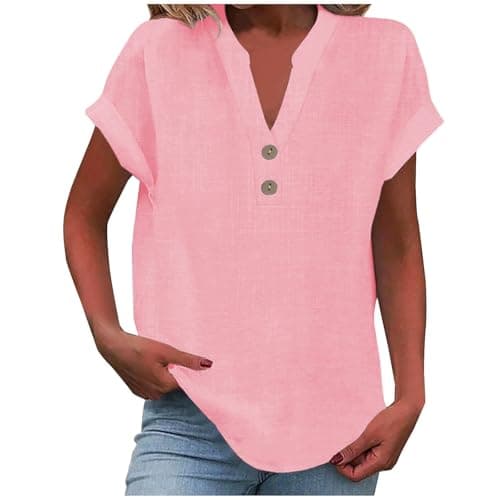 Image of Women Tops, Ladies Tops 2025 Women's Summer Cotton Linen Cap Sleeve T-Shirt Button V Neck Tunic Top Fashion Baggy Solid Plain Casual Shirts Trendy Blouse