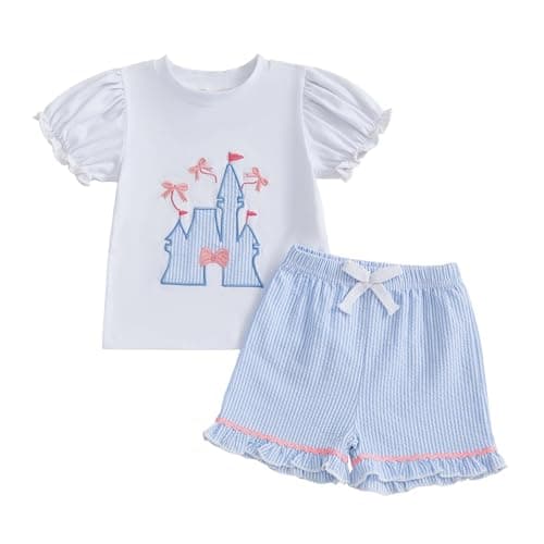 Image of Beinvibe Toddler Baby Girl Summer Clothes Short Sleeve castle Embroidery T-Shirt Tops Ruffled Shorts 2Pcs Set Outfits (Sky Blue, 4-5T)
