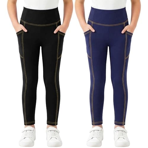 Image of FILOWA Leggings for Girls 2 Pack Jeans Look Stretch Trousers Teens Full Length Denim Effect Legging with Pockets Skinny Elastic Jeggings High Waist Tights Pants Casual Outdoor for 12-13 Years, Black