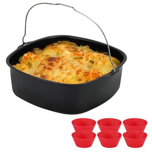 Image of BSDLZCH 8inch Square Air Fryer Liners Reusable Air Fryer Accessories Stainless Steel Baking Tray Non Stick Cake Mold Cake Pan Bakeware Set with 6 Poached Egg Moulds/Muffin Cases