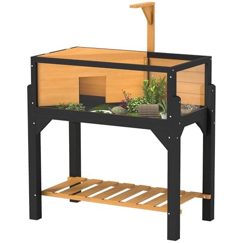 Image of PawHut Wooden Tortoise House with Storage Shelf, Tortoise Enclosure Habitat with Clear Windows, Lamp Holder, Openable Top, Built-in Tray, for Indoor Use, Yellow