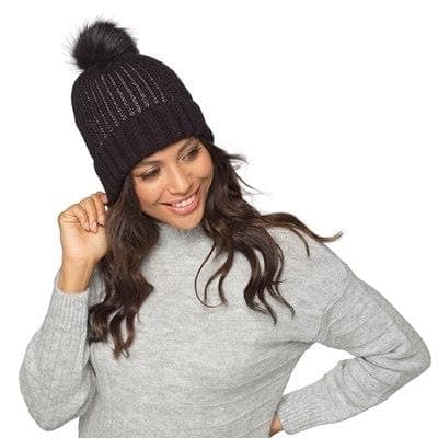 Image of A2Z Ladies Hats Ribbed Lurex Knitted Bobble Beanie Faux Fur Pom Pom - Hat LH1189 Black One Size