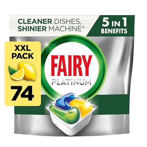 Image of Fairy Platinum All-In-1 Dishwasher Tablets Bulk, 74 Tablets, Lemon, With Greasy Filter & Rinse Aid Action