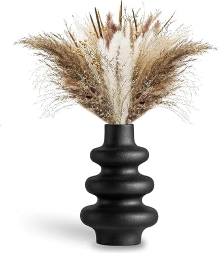 Image of Modern Dried Flower Vase | Tall Ceramic Wavy | Round Black Vase for Pampas Grass | Boho Home Decor Centerpiece | Wedding - Dinner Table - Living Room - Office & Bedroom