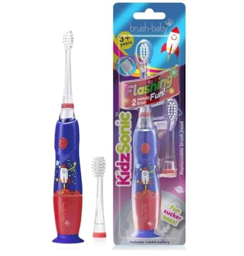 Image of Brush-Baby - Rocket KidzSonic Kids Electric Toothbrush, 3+ Years - DeepClean Bristles, Suction Base - Fun Design with Flashing Disco Lights - 2 x Replacement Heads & 1 x AAA Battery