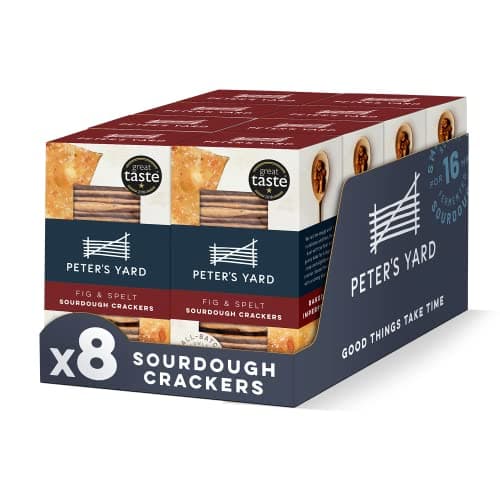 Image of Peter's Yard Sourdough Crackers, Fig and Spelt, Great with Chutney and Cheese, High Fibre, Natural Ingredients, Pack of 8 x 100g Boxes
